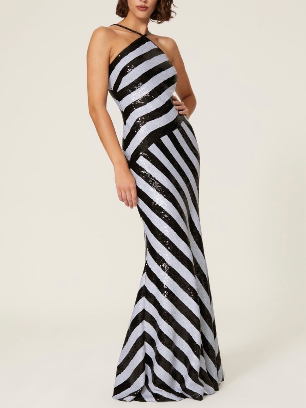 Lauren Ralph Lauren Striped Sequin Halter Gown - Black and Light Blue